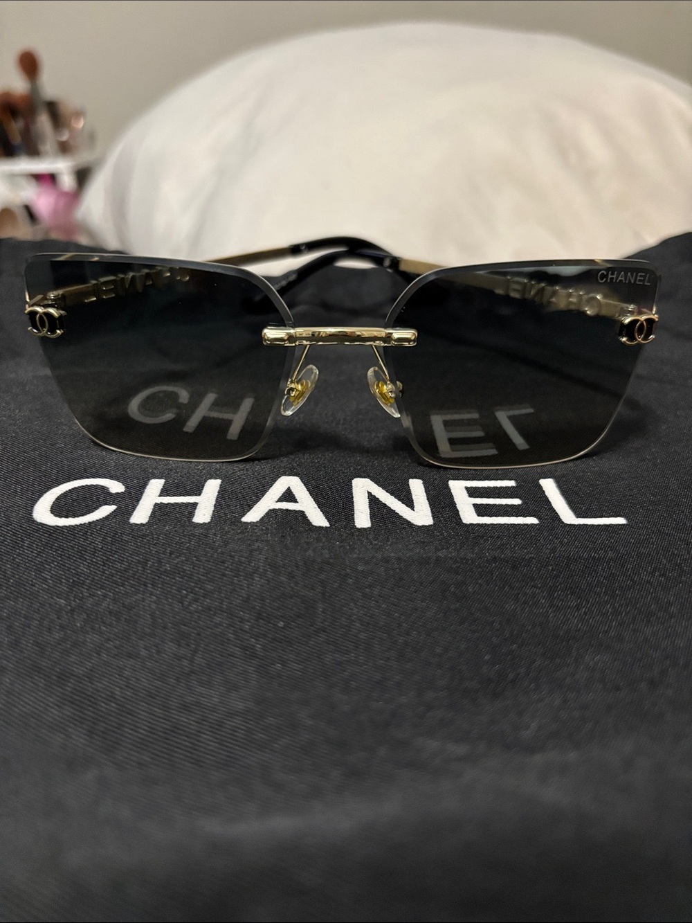 CHANEL Rimless Sunglasses Black and Gold Accents